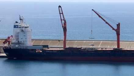 رافعة ترفع المواد على سفينة شحن من المتوقع أن تأخذ مساعدات إلى غزة من قبرص، في ميناء لارنكا، قبرص، 8 أيار 2024. (أ ف ب)

