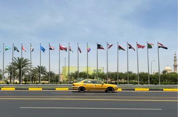 أعلام الدول الأعضاء في جامعة الدول العربية قبل انعقاد القمة العربية الرابعة والثلاثين في بغداد