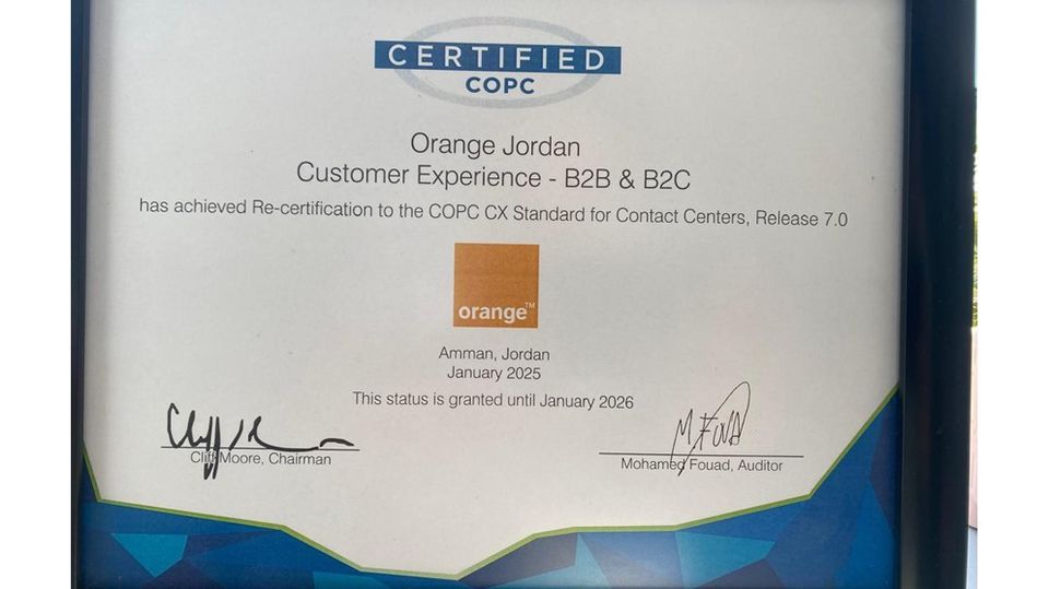 Orange Jordan Renews COPC Certification for Sixth Consecutive Year, Maintaining Global Leadership in Customer Service
